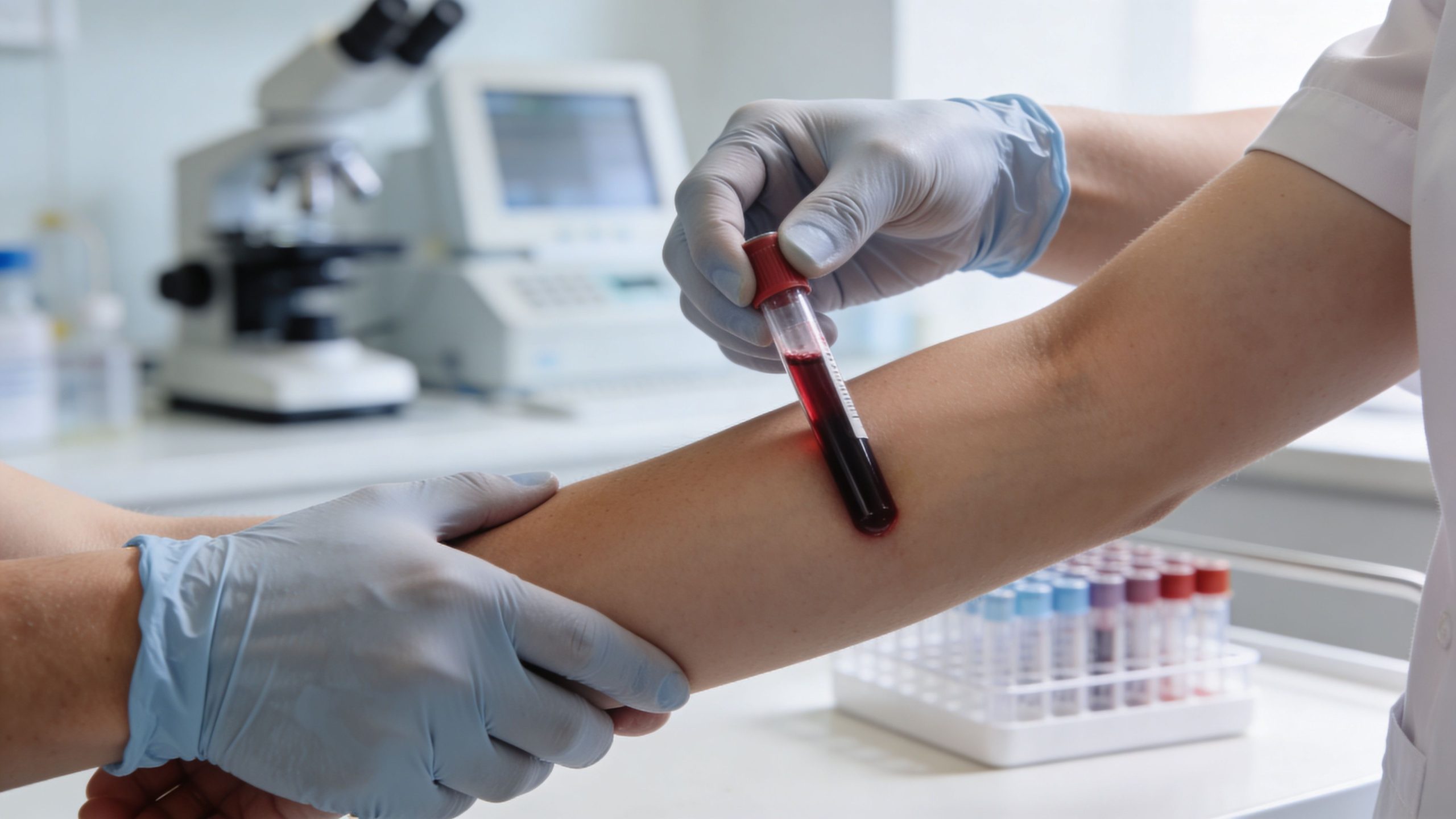 A medical professional in blue gloves performs an allergy and intolerance test by drawing patient blood.