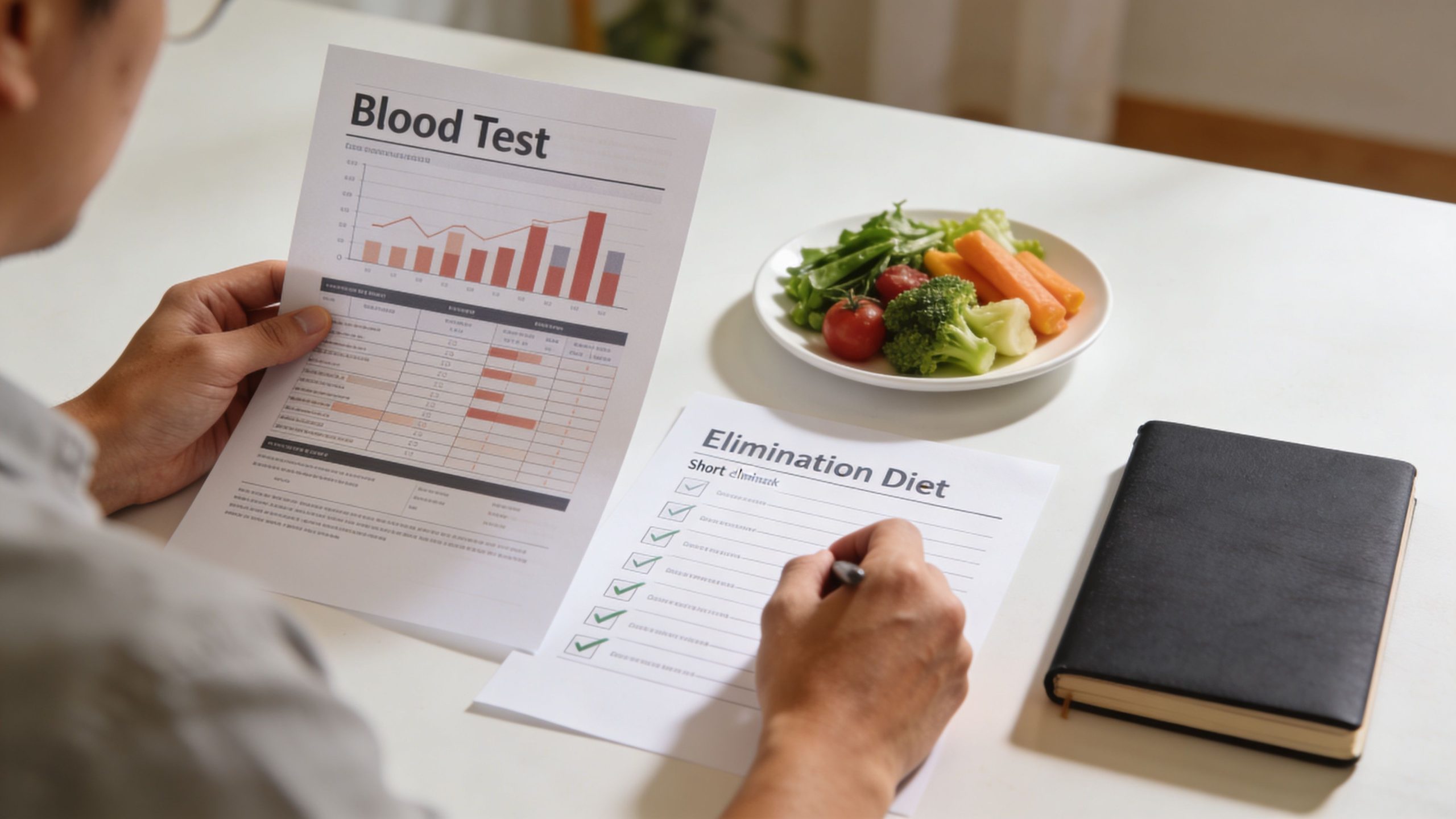 A person reviewing blood test results alongside an elimination diet plan next to a healthy meal.