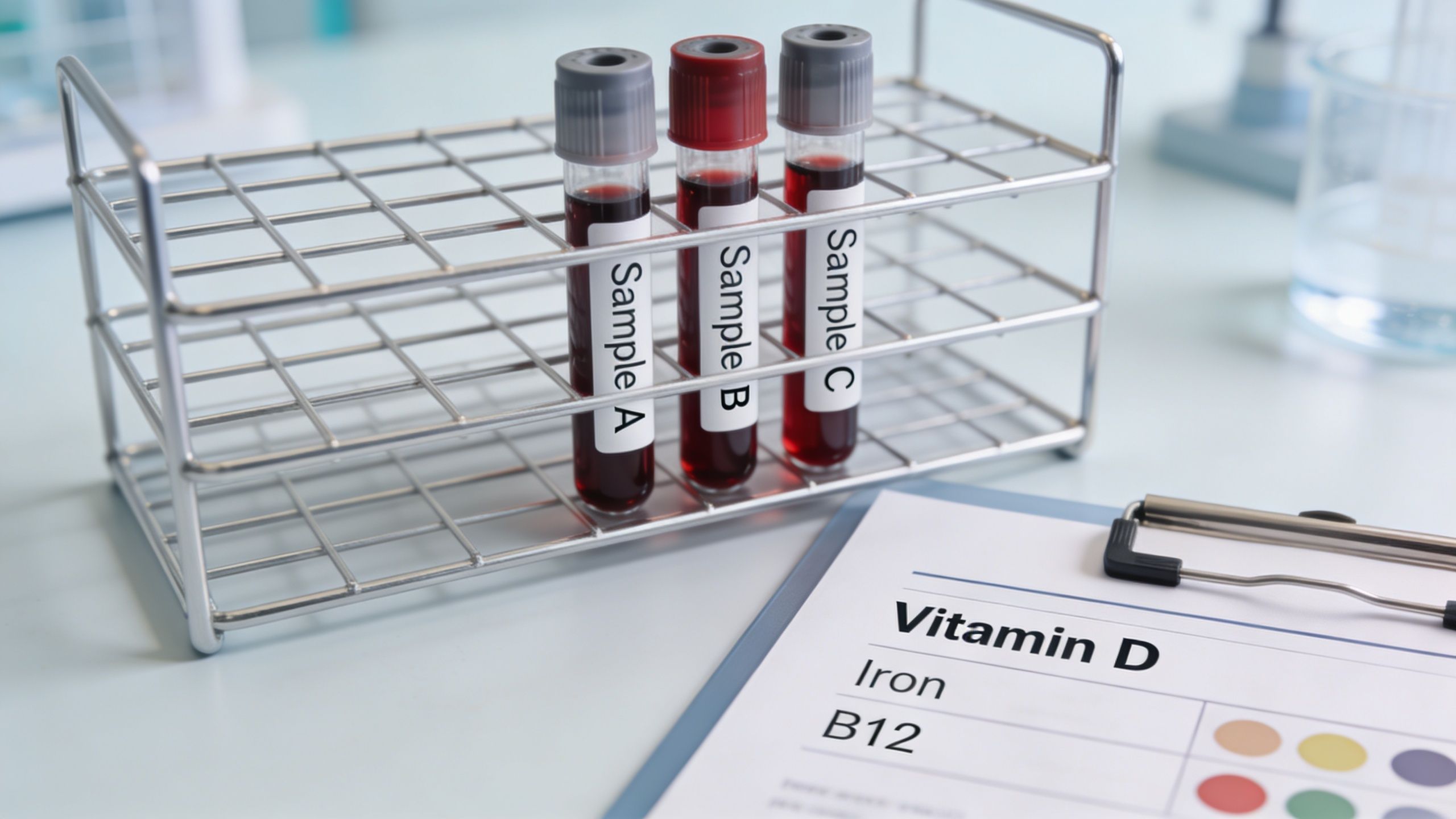 Three test tubes with blood samples in a rack next to a laboratory report for vitamin testing.