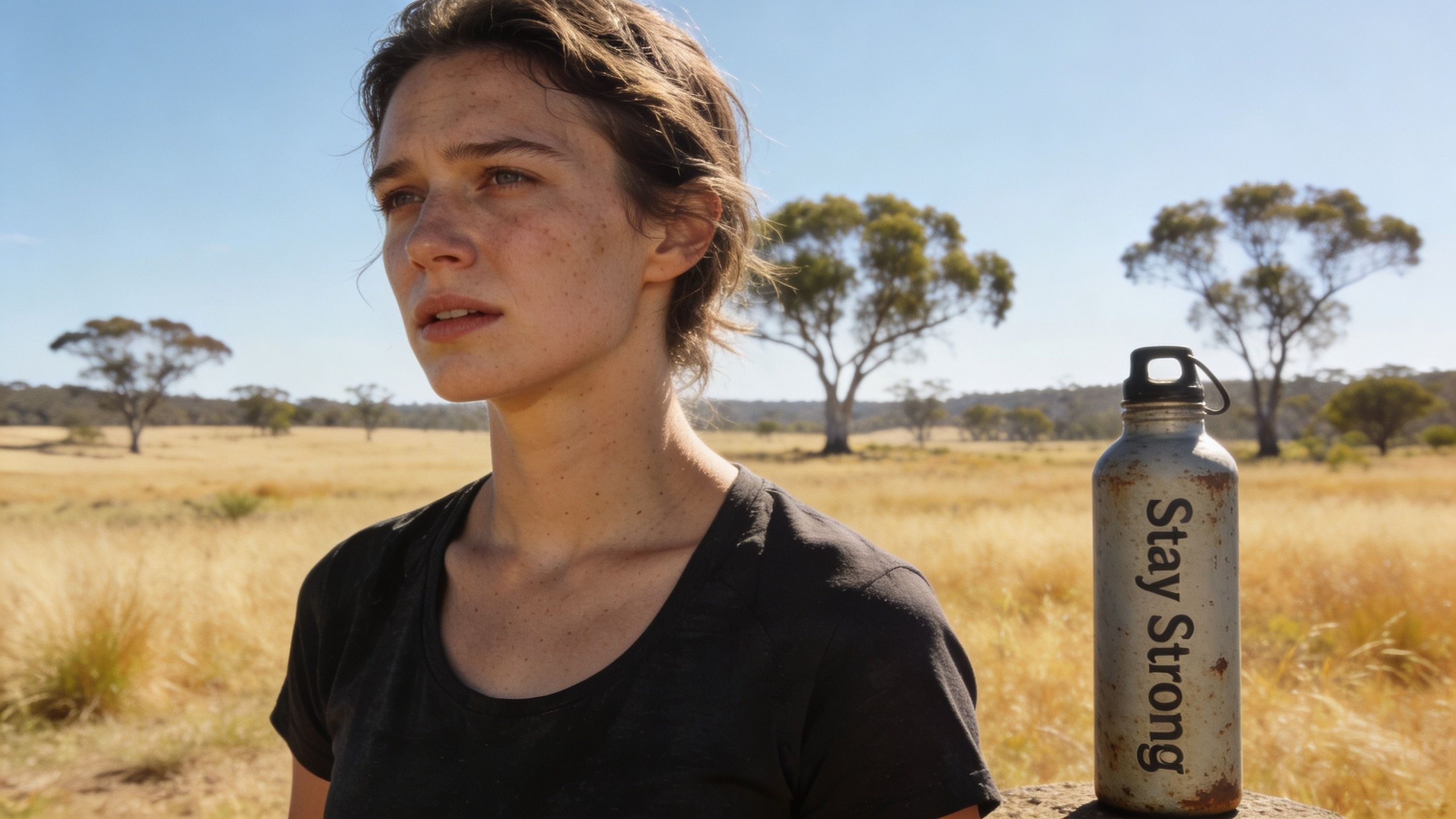 A thoughtful young woman standing outdoors in a dry, grassy landscape next to a water bottle.