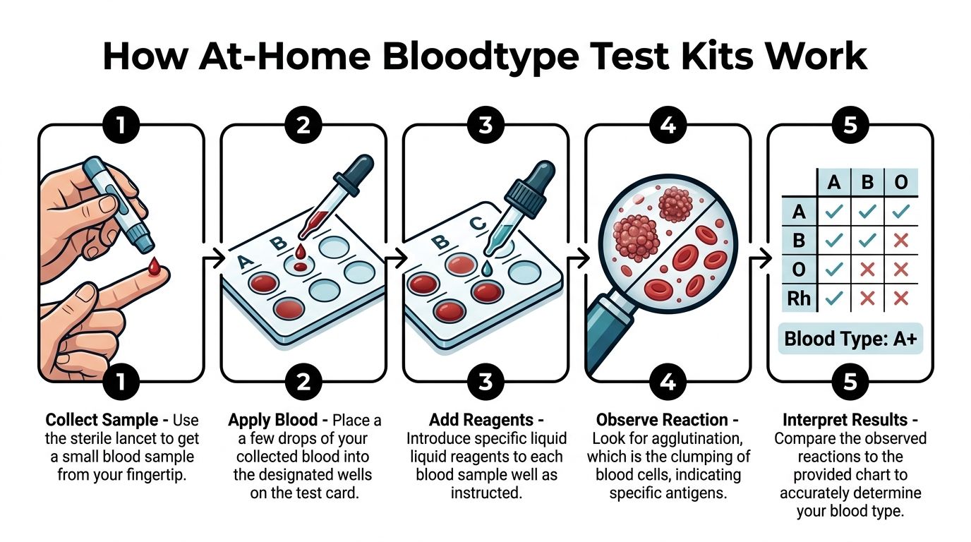 An infographic showing the five-step process of using an at-home bloodtype test kit on a fingertip.