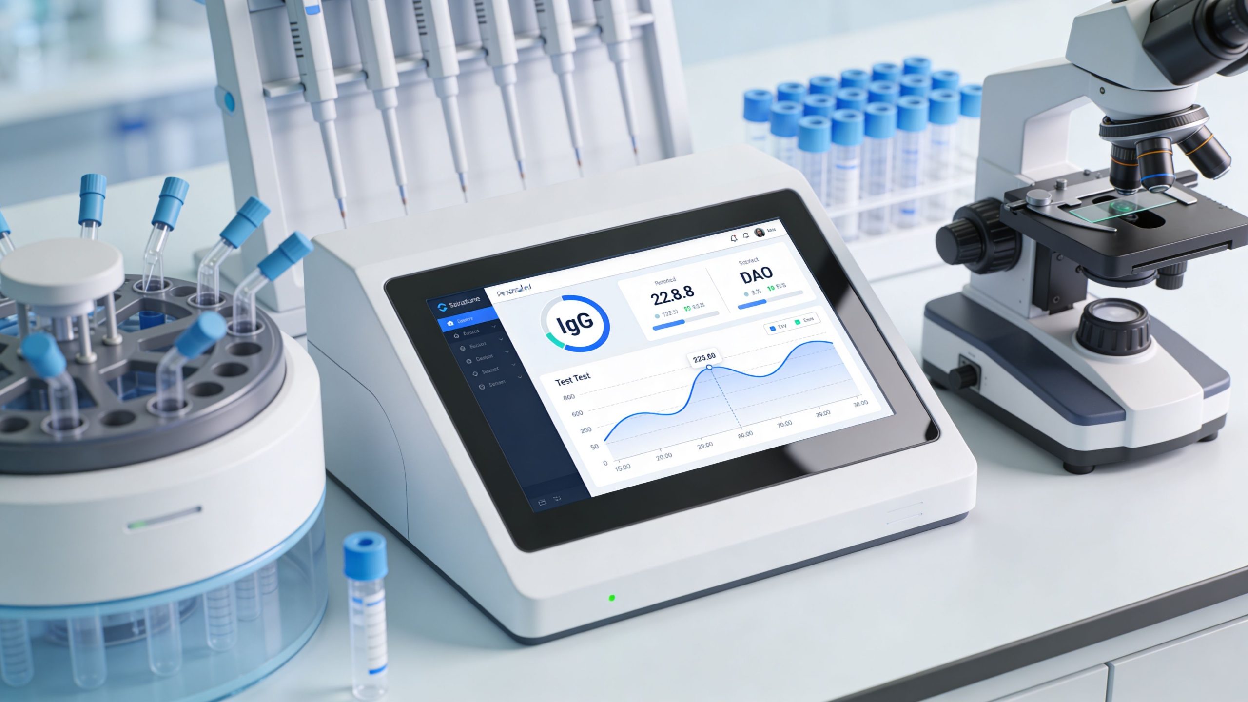 A modern diagnostic machine displaying IgG test results on a screen in a clinical laboratory setting.