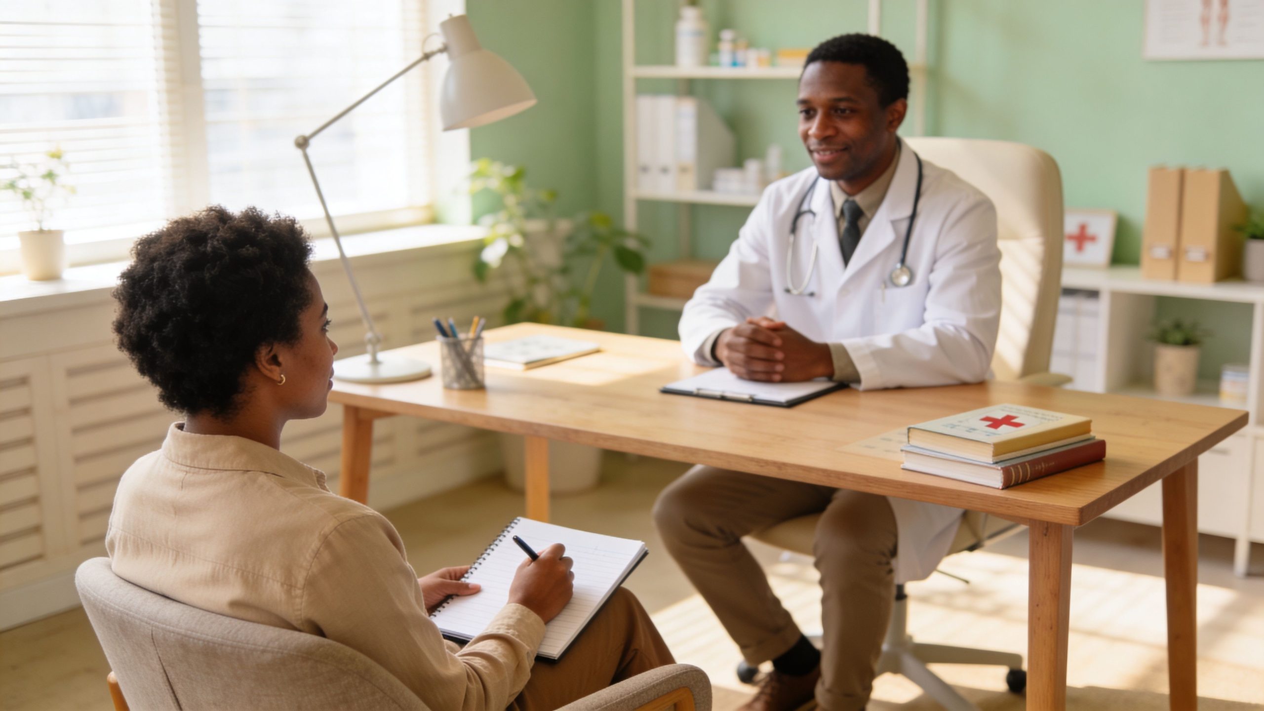 A professional doctor having a consultation with a patient who is taking notes in a clinic office.