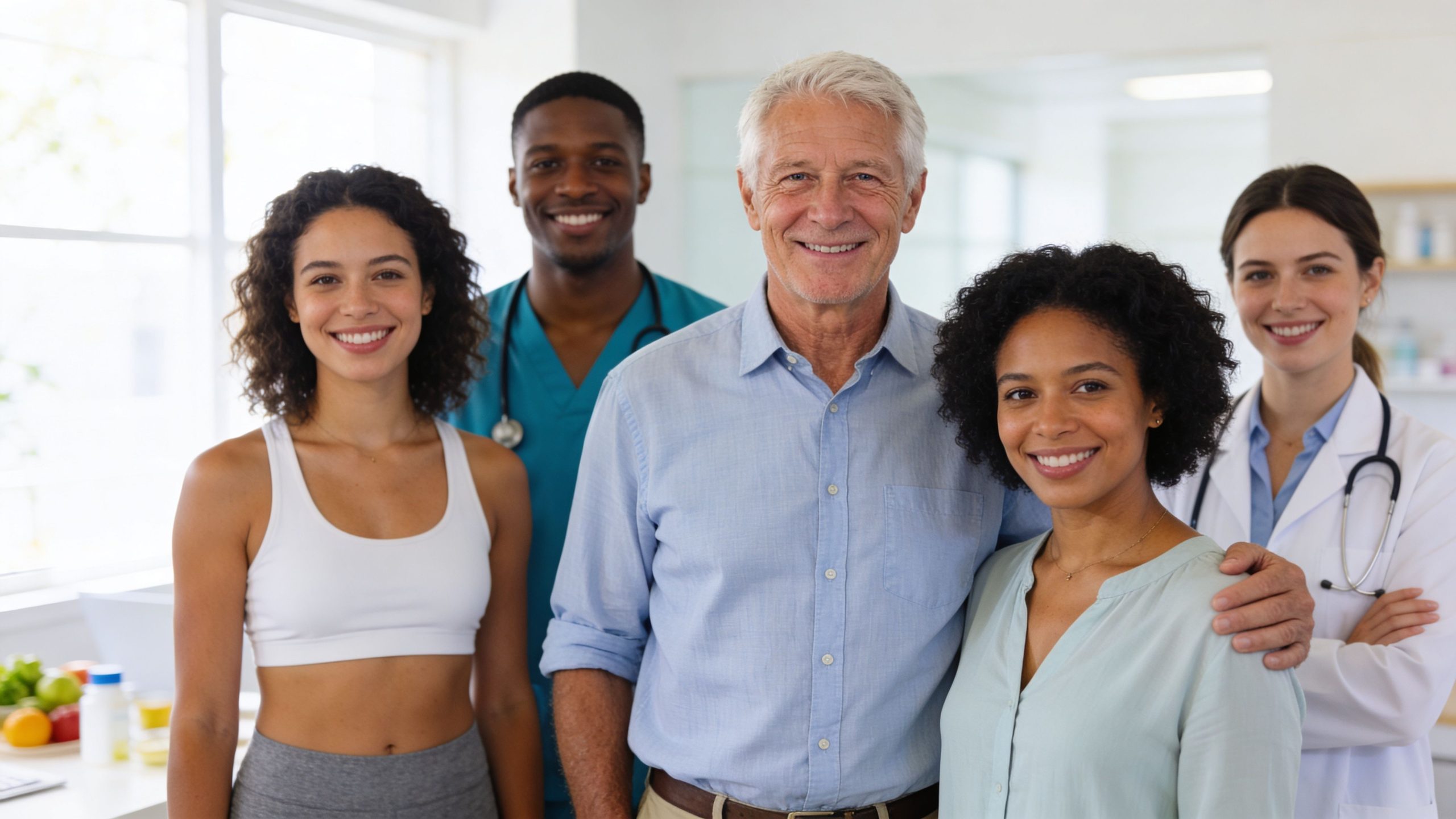 A diverse group of healthcare professionals and patients smiling together in a bright, modern medical clinic.