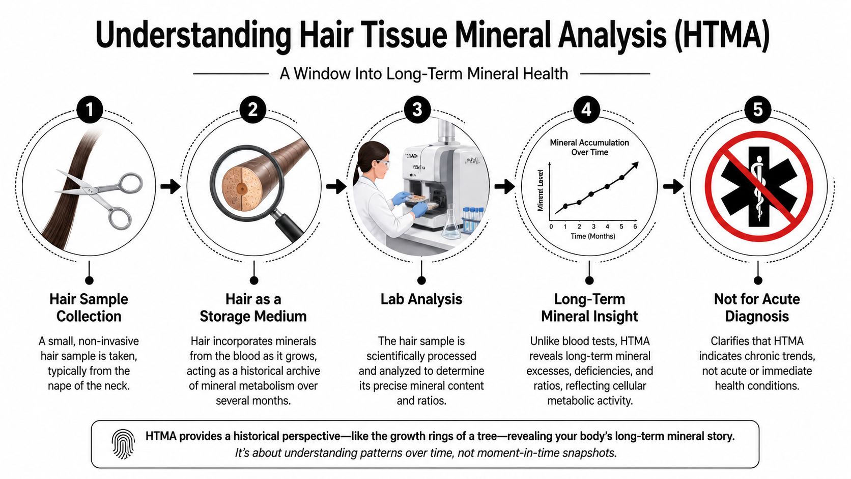 A five-step infographic explaining the process and purpose of hair tissue mineral analysis for health insights.