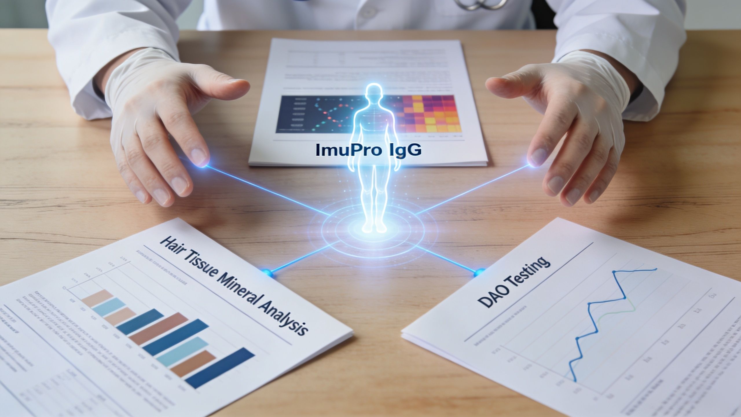A doctor in a white coat gestures toward digital holographic health reports on a wooden desk.