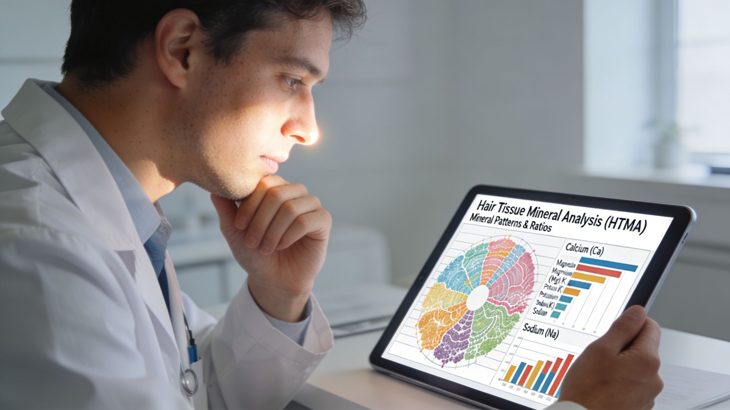 A professional doctor reviewing a Hair Tissue Mineral Analysis chart on a digital tablet in an office.