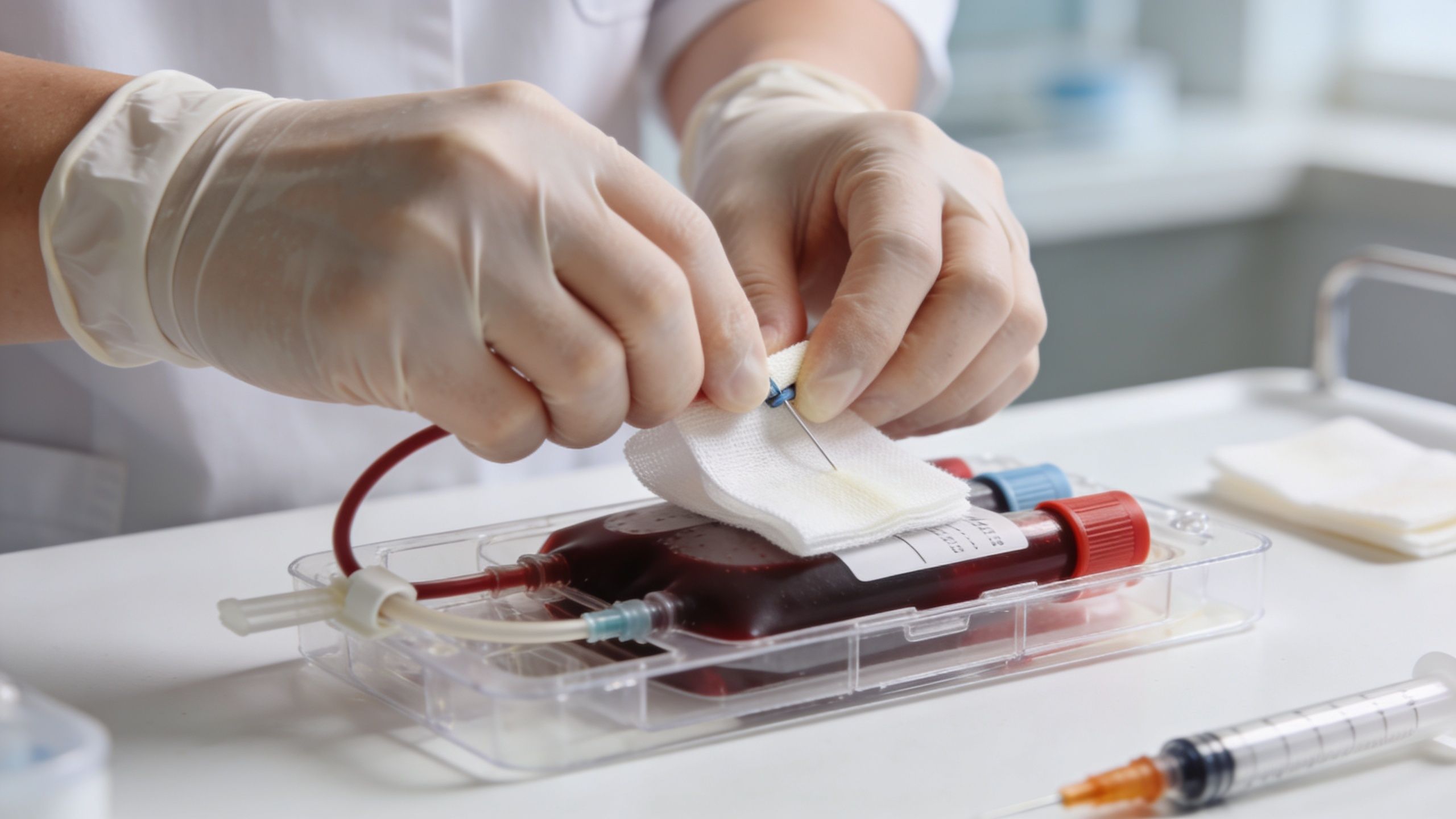 A medical professional wearing latex gloves prepares a blood sample for a histamine intolerance test in Australia.