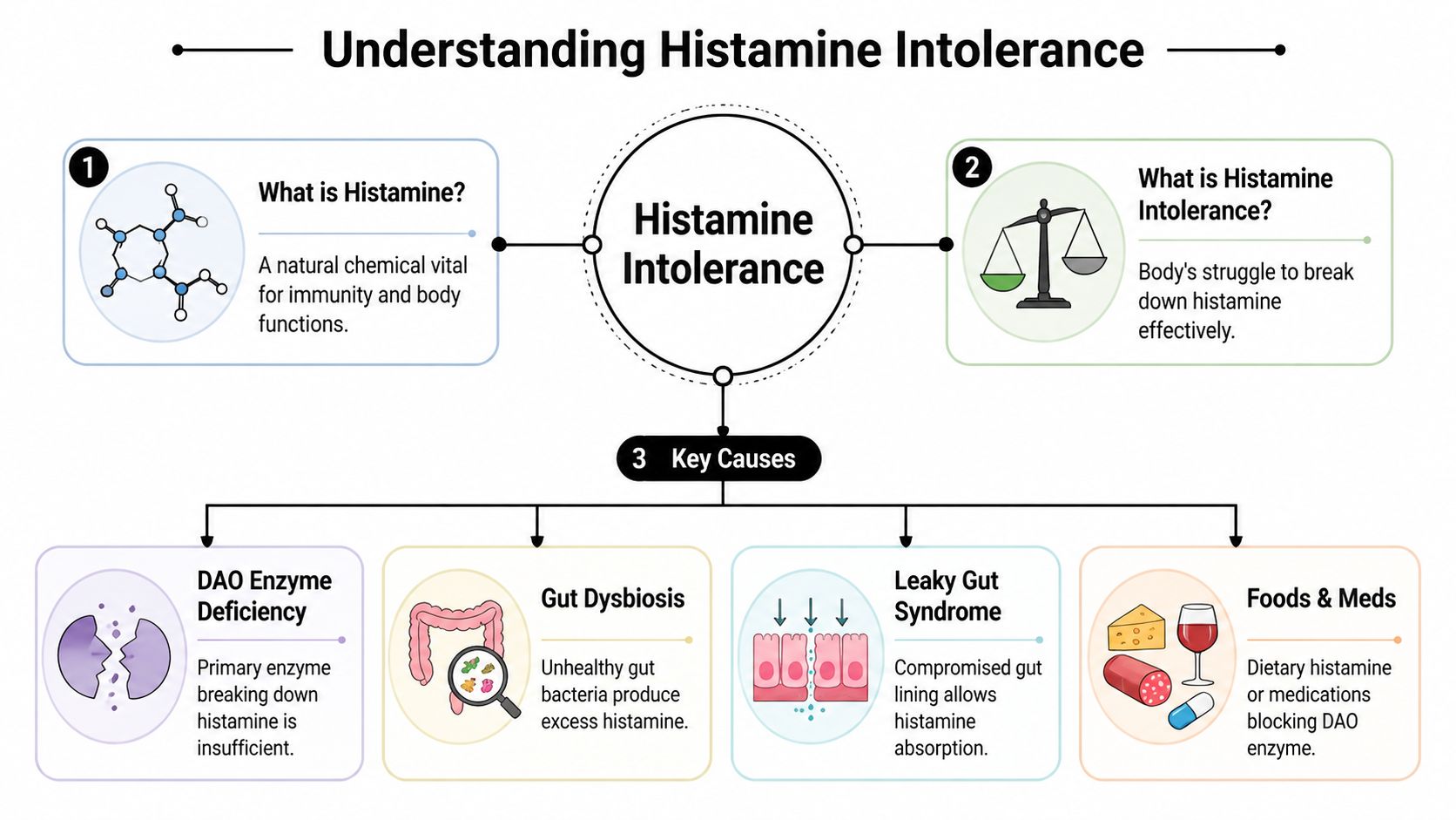 An educational infographic explaining the definition and primary causes of histamine intolerance, including enzyme deficiency and diet.