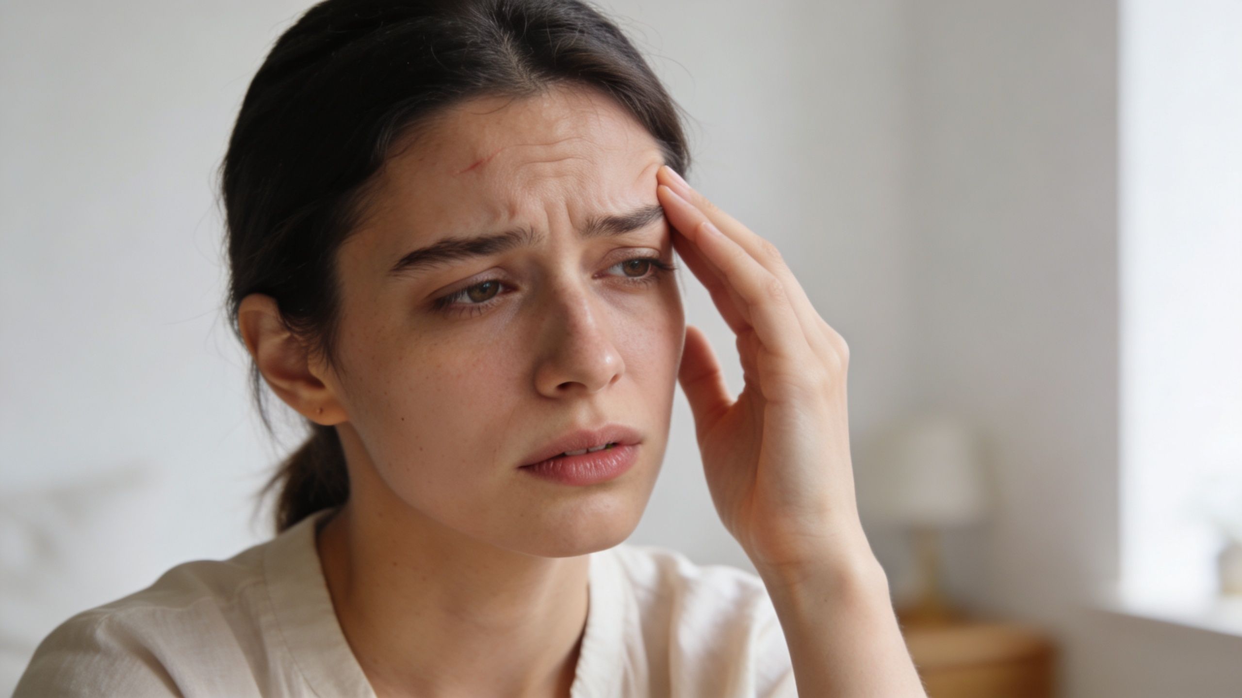 A distressed young woman holding her head, suffering from a migraine or intense headache at home.