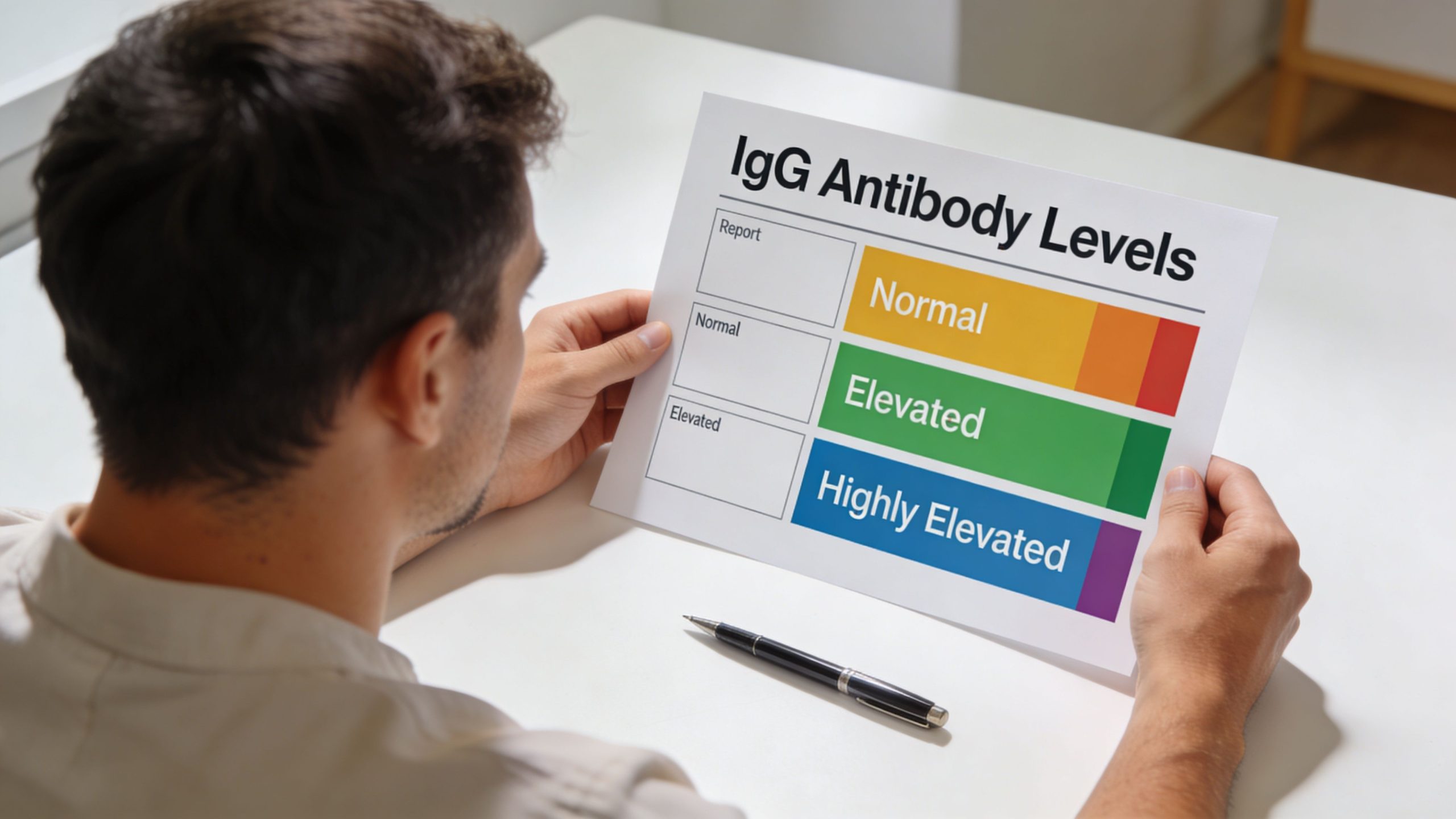 A person holding a document explaining IgG antibody level ranges for food intolerance testing at a table.