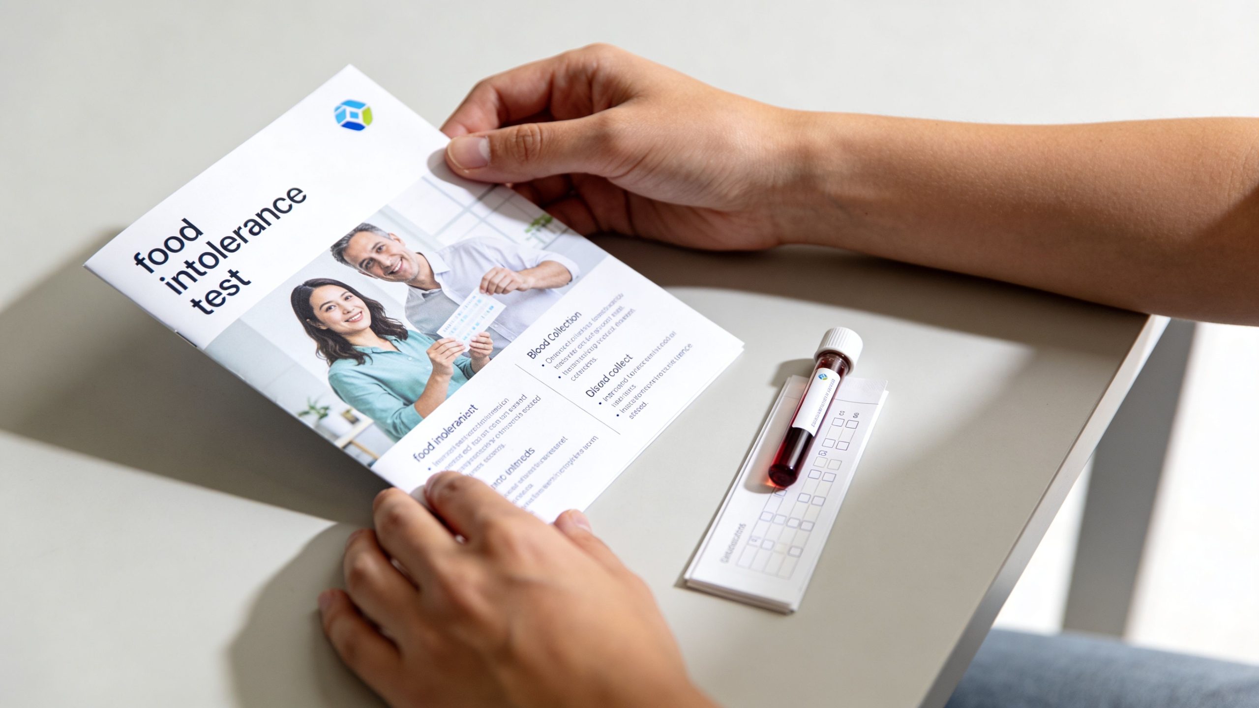 A person holds a food intolerance test brochure with a blood sample collection tube on the table.