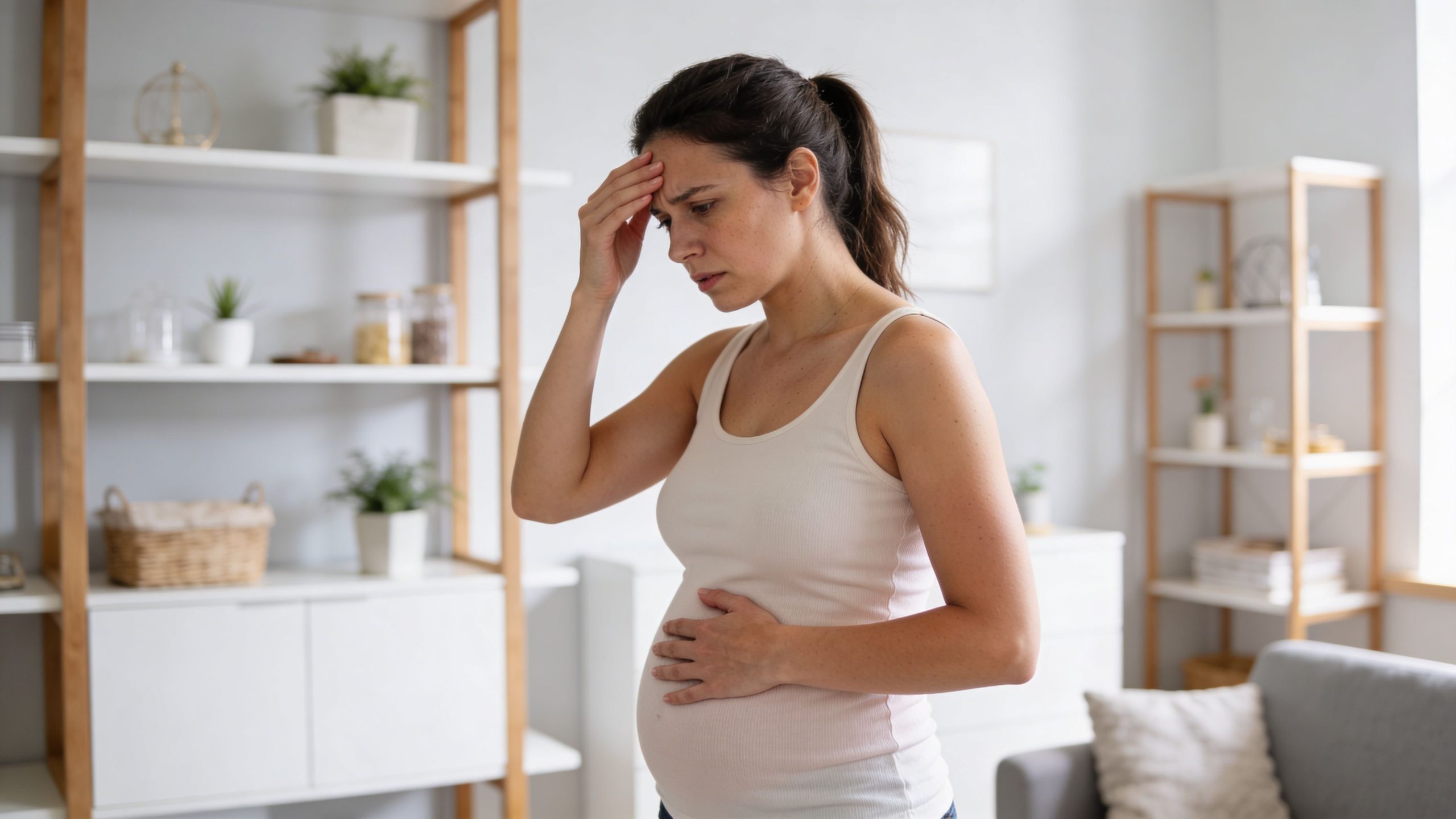 A pregnant woman looking stressed and holding her head while feeling discomfort in her abdomen at home.