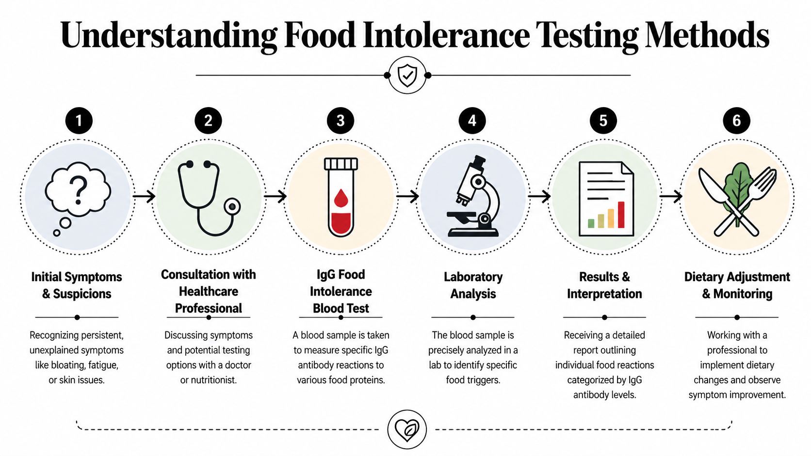 A flowchart infographic illustrating the six steps involved in the process of professional food intolerance testing.