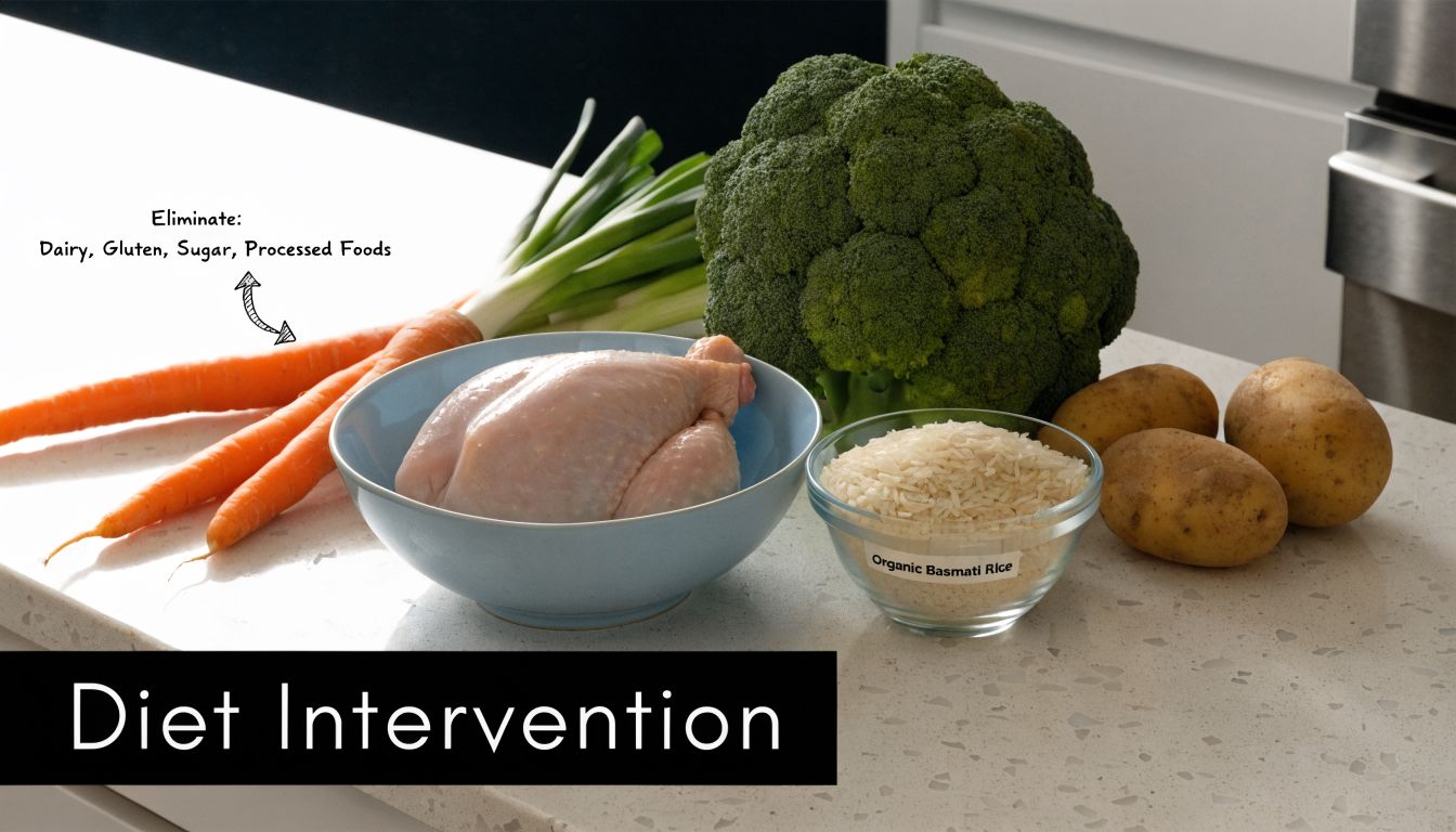 A healthy food selection of raw chicken, broccoli, carrots, potatoes, and rice for dietary intervention planning.