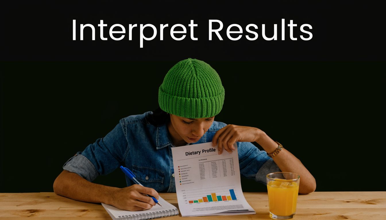 A person in a green beanie reviewing a dietary profile document while sitting at a wooden table.