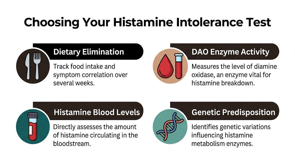 A chart detailing four different methods for testing histamine intolerance including diet, DAO levels, and genetics.