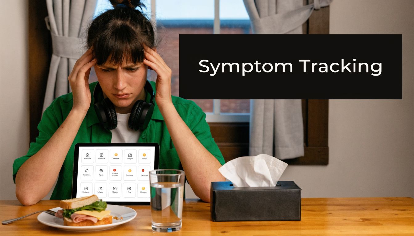 A woman holding her head in pain while looking at a symptom tracking app on a tablet.