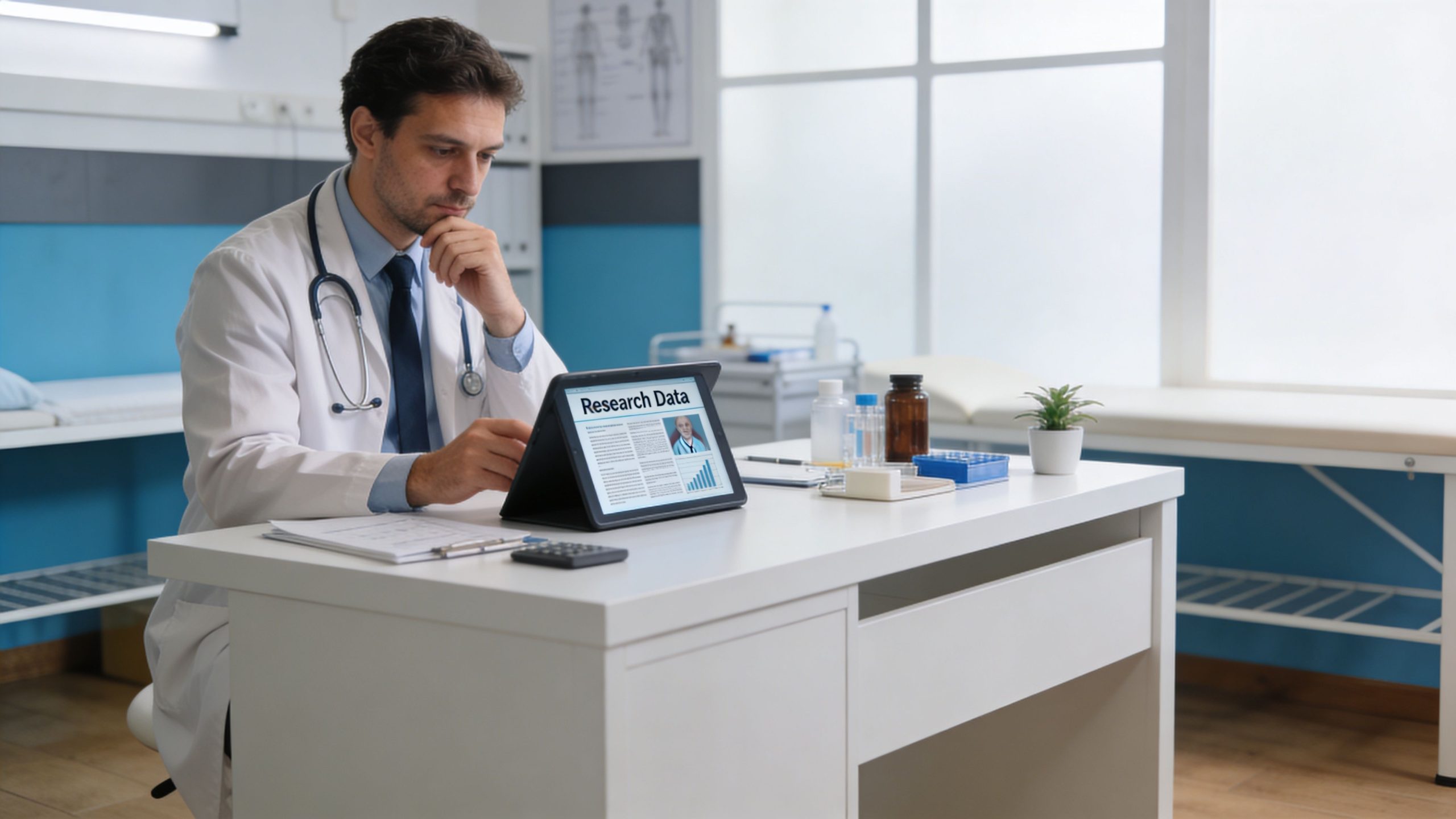 A male doctor in a white coat reviewing medical research data on a tablet in his office.