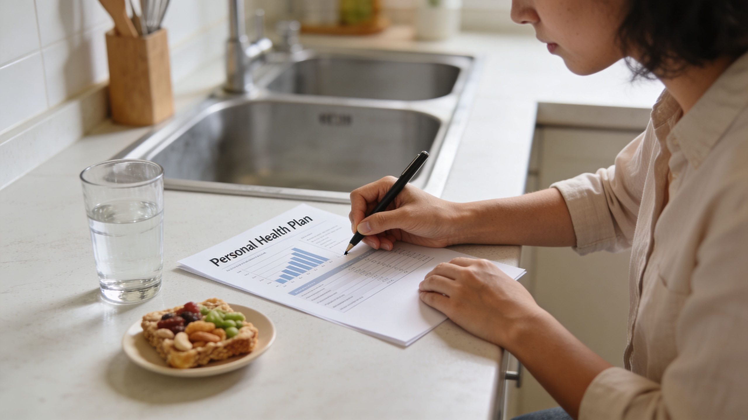 A woman reviewing her personal health plan document at a kitchen counter with a healthy snack.