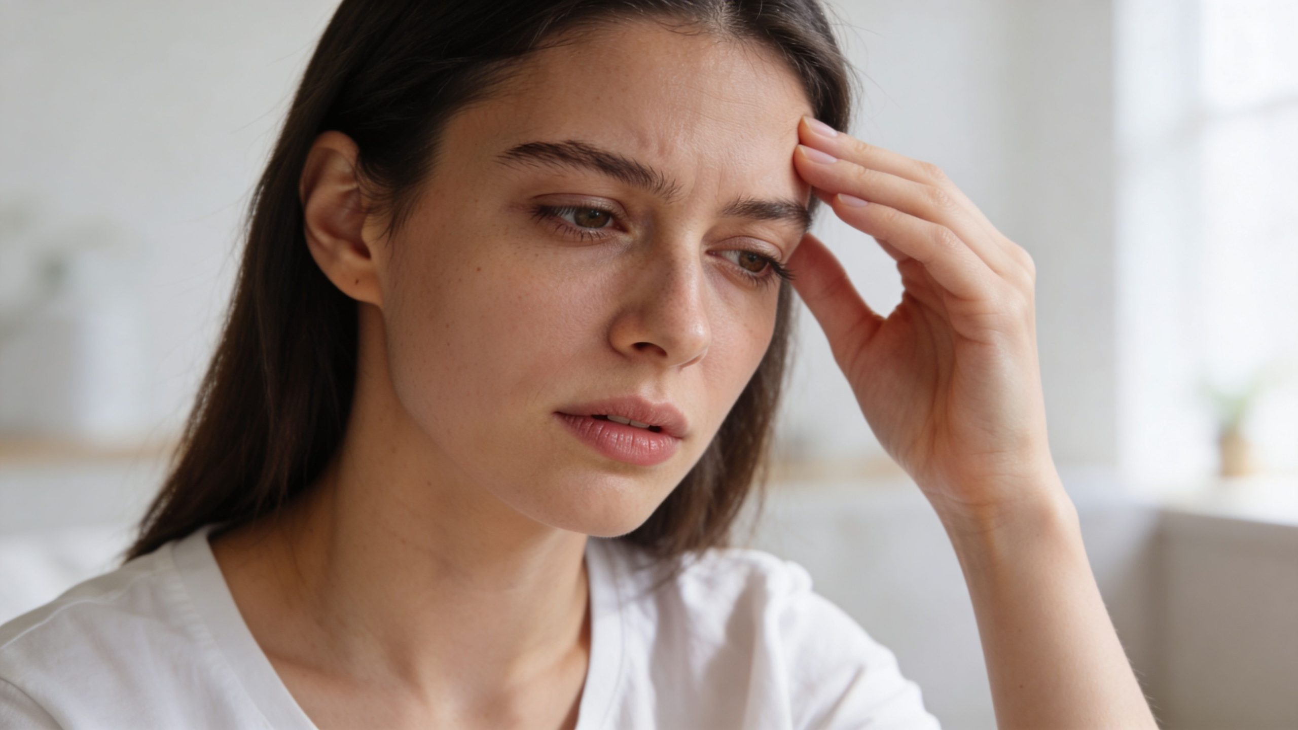 A young woman looking stressed and tired while holding her forehead in a bright indoor setting.