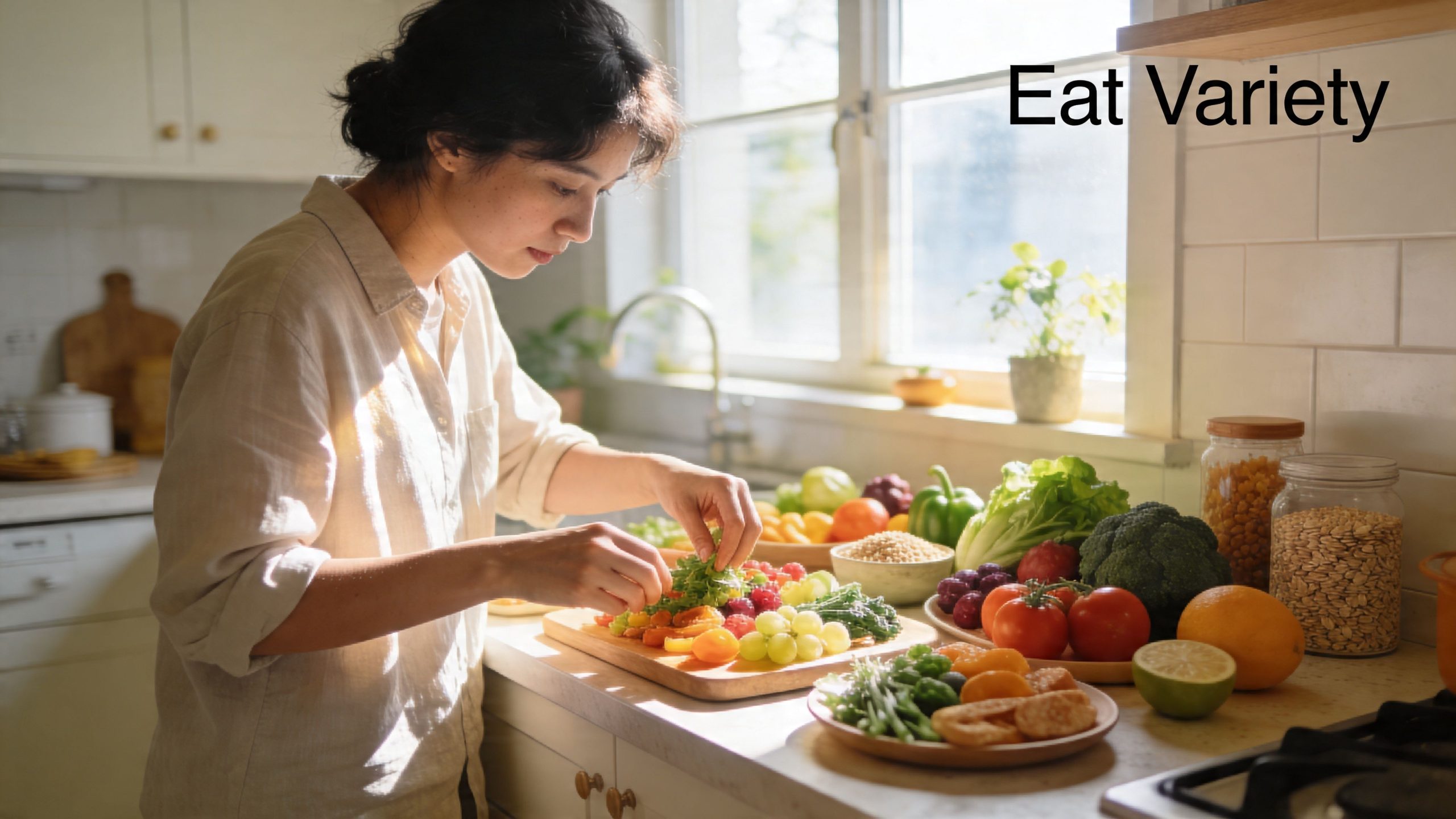 A woman carefully preparing a healthy meal with fresh vegetables and fruits in a bright kitchen.