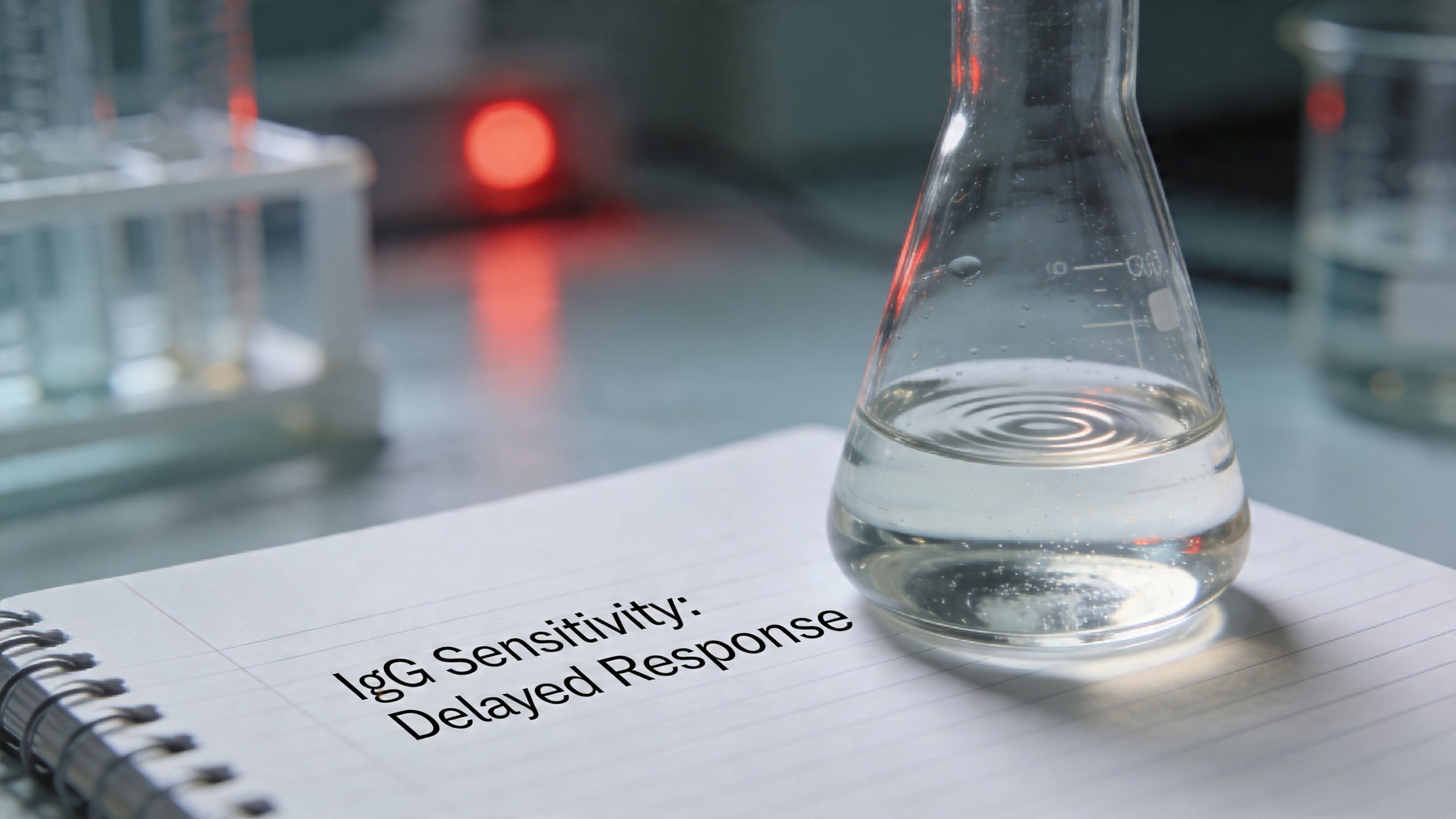 A glass laboratory flask resting on a notepad with the words IgG Sensitivity Delayed Response written clearly.
