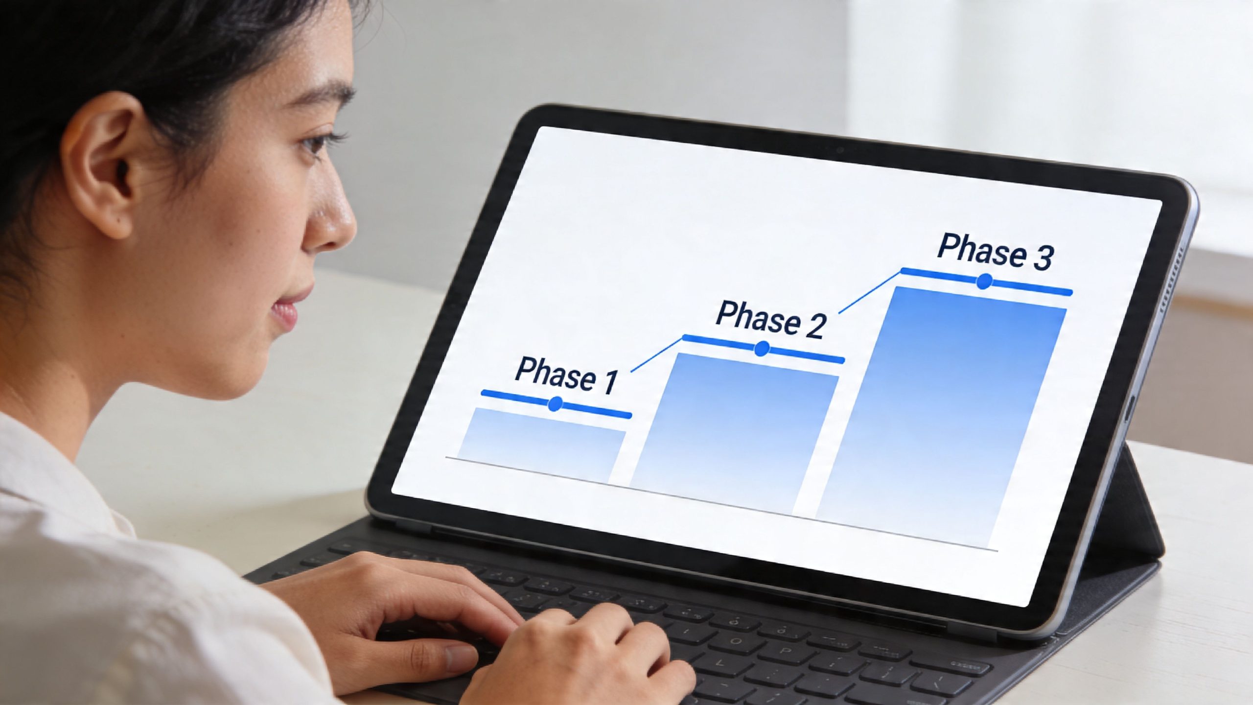 A woman looks at a tablet screen displaying a three-step progression chart labeled Phase 1, 2, and 3.