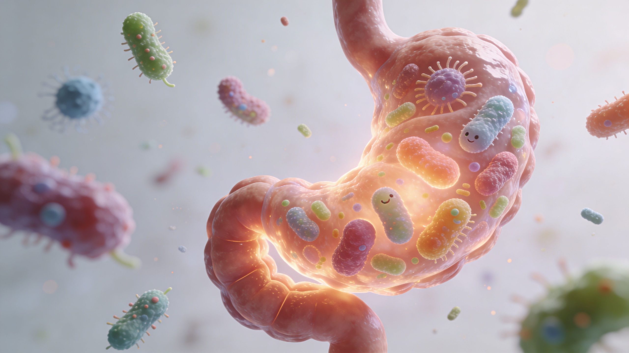 A 3D visualization showing tiny friendly bacteria floating inside and around a human stomach organ.