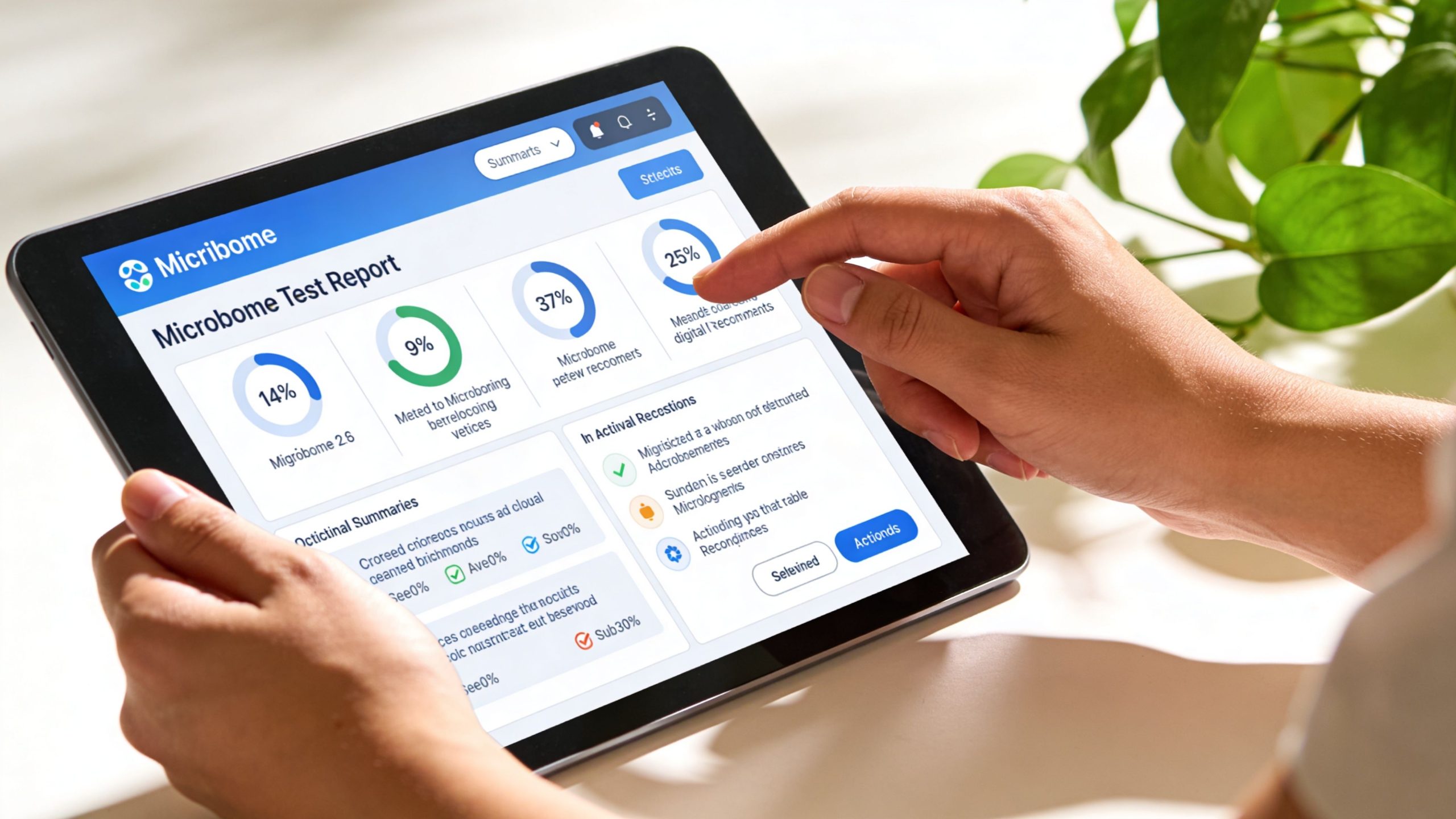 A person holding a tablet displaying a microbiome test report dashboard with various health data visualizations.