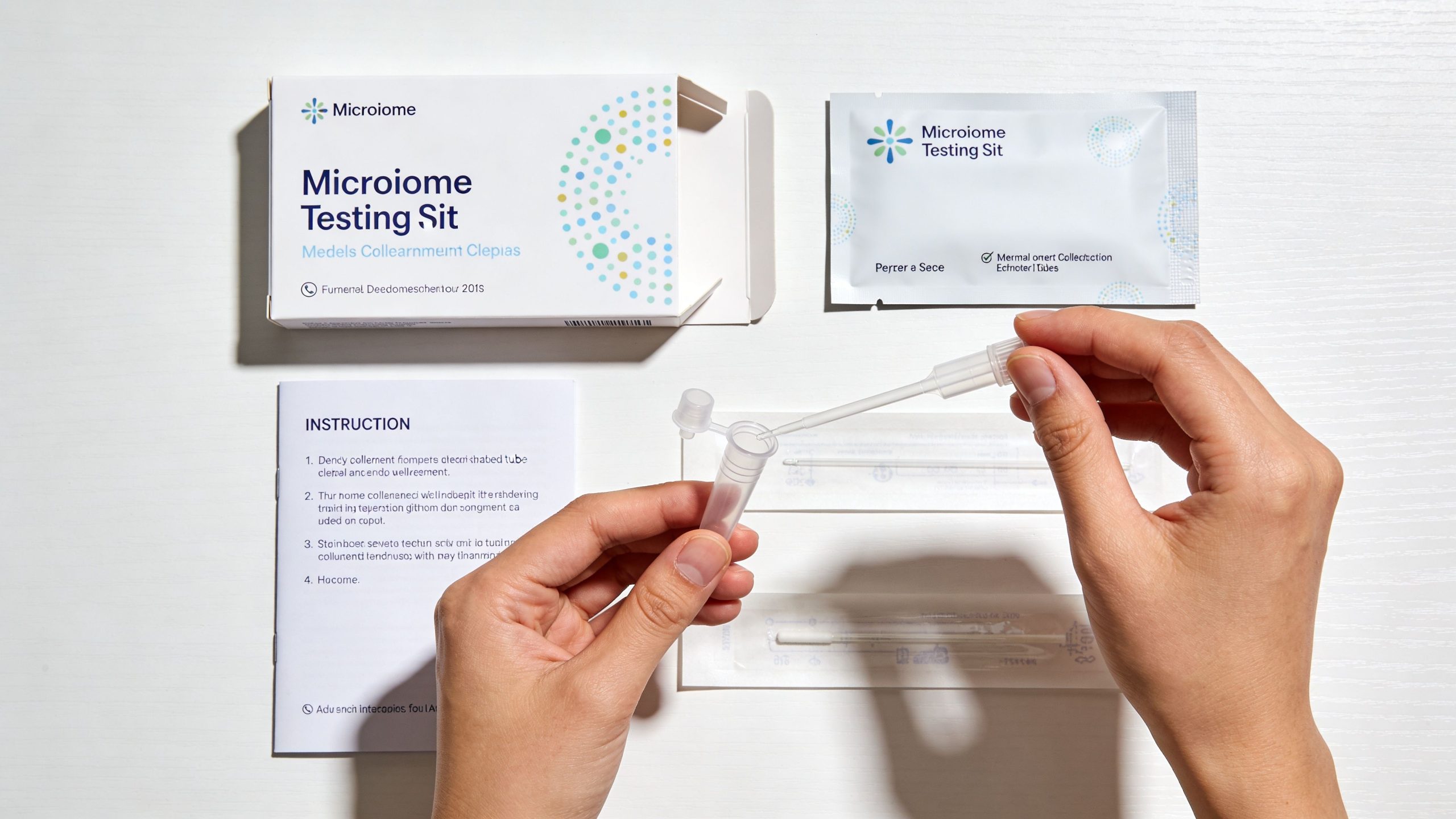 A person preparing to collect a sample using a microbiome testing kit on a white surface.