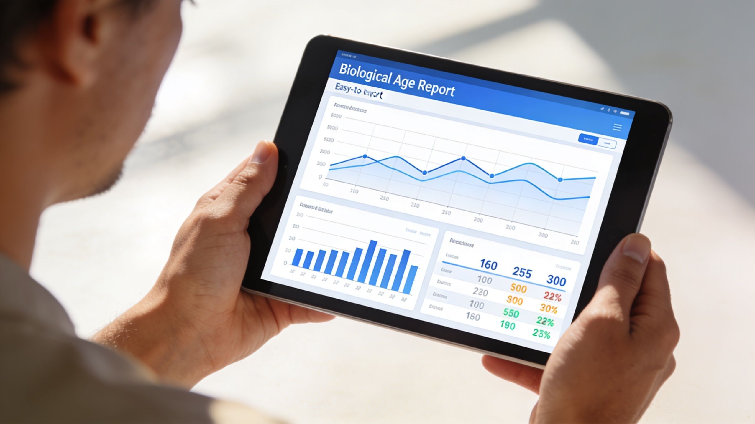 A person holding a digital tablet displaying a biological age report with various health data charts.