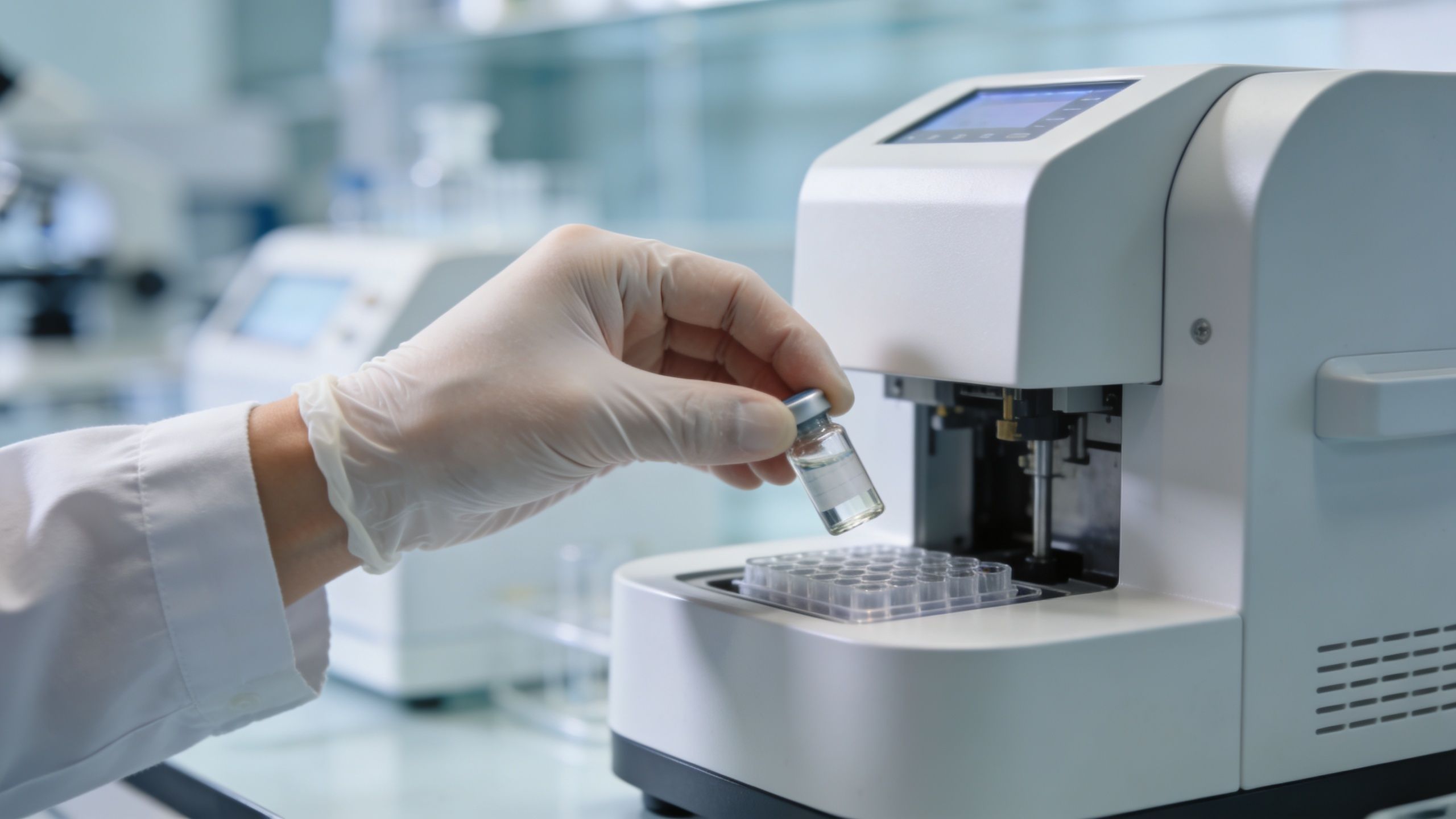 A laboratory scientist in white gloves handles a small sample vial near an automated diagnostic machine.