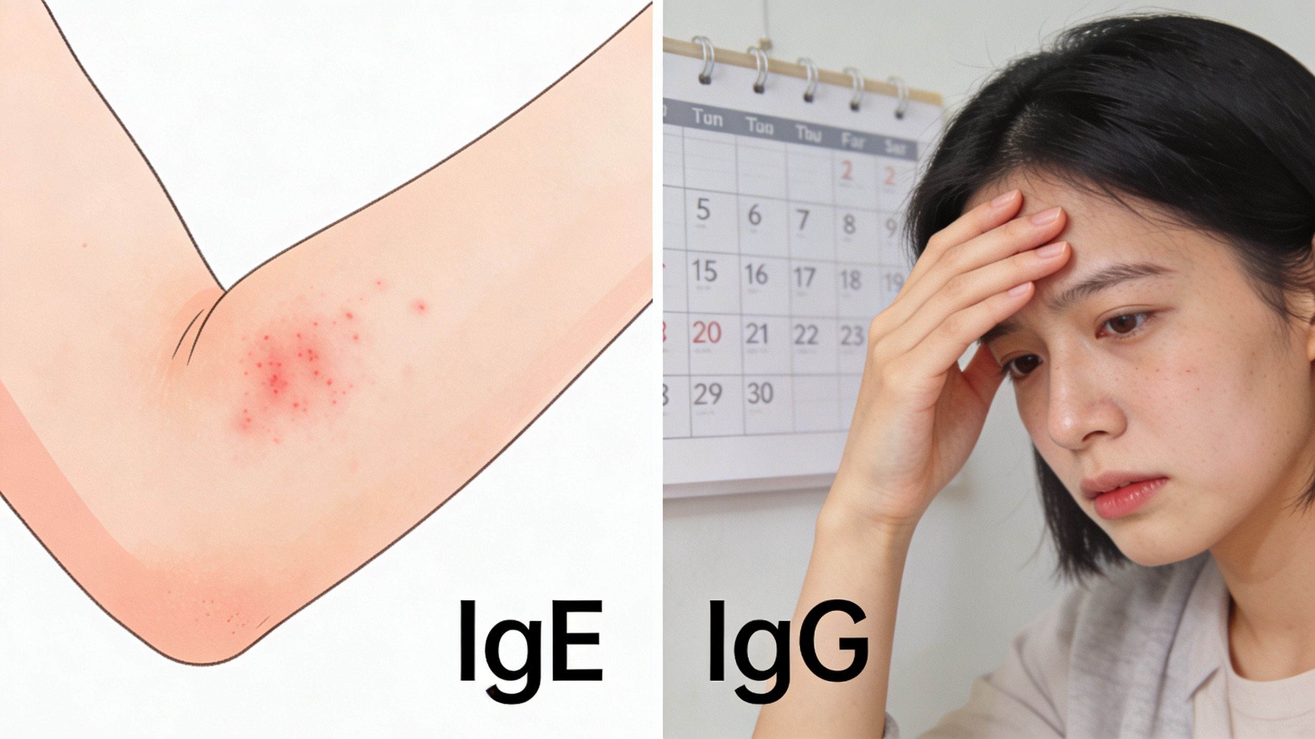 A split image showing an allergic skin rash on an arm labeled IgE and a stressed woman labeled IgG.
