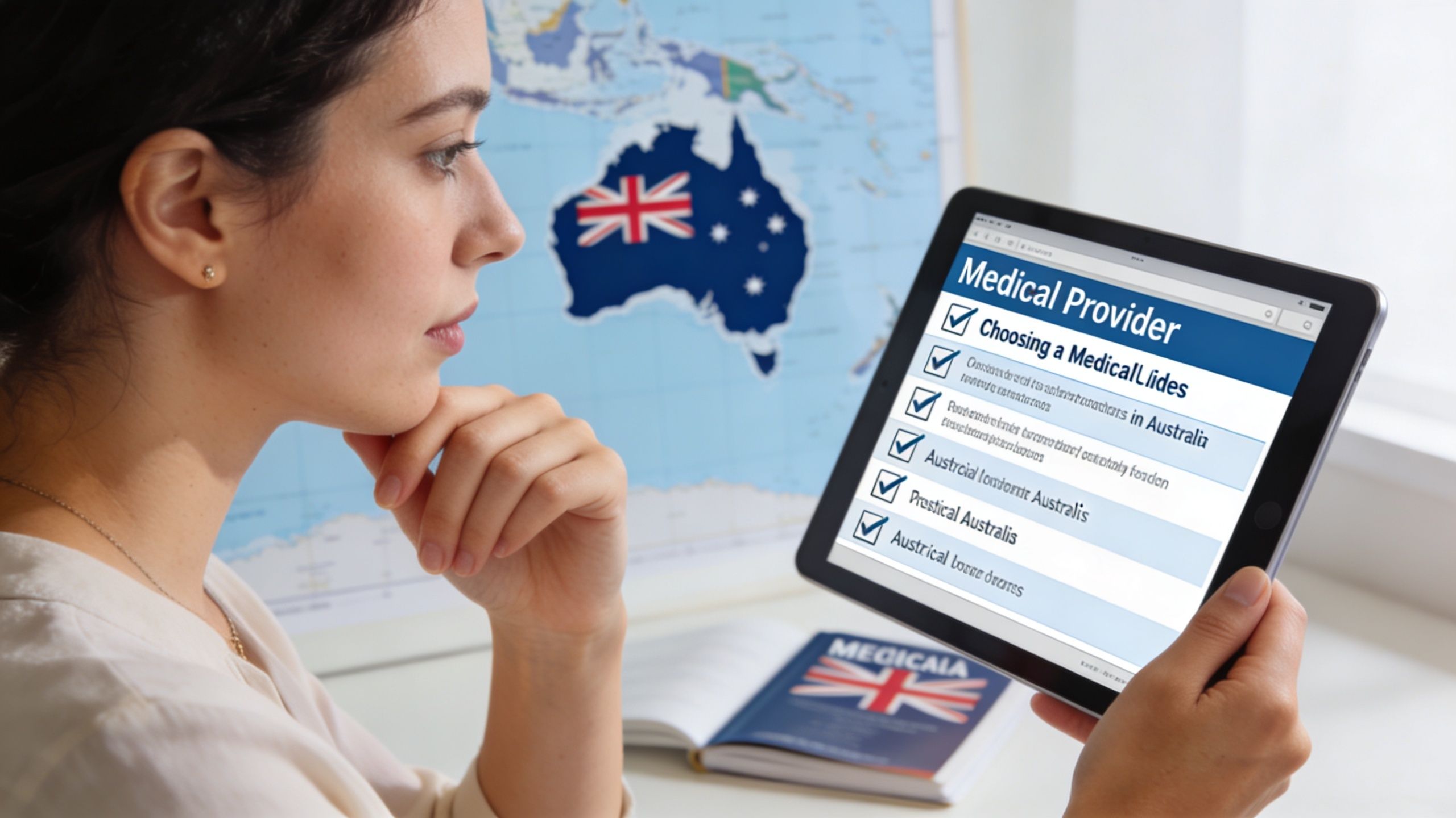 A woman looks at a medical provider checklist on a tablet in front of an Australian map.