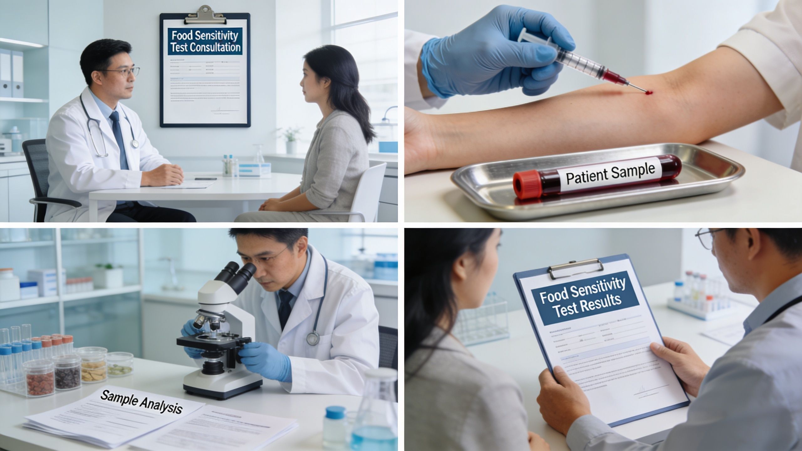 A medical professional conducting a food sensitivity testing process from consultation to lab results for a patient.