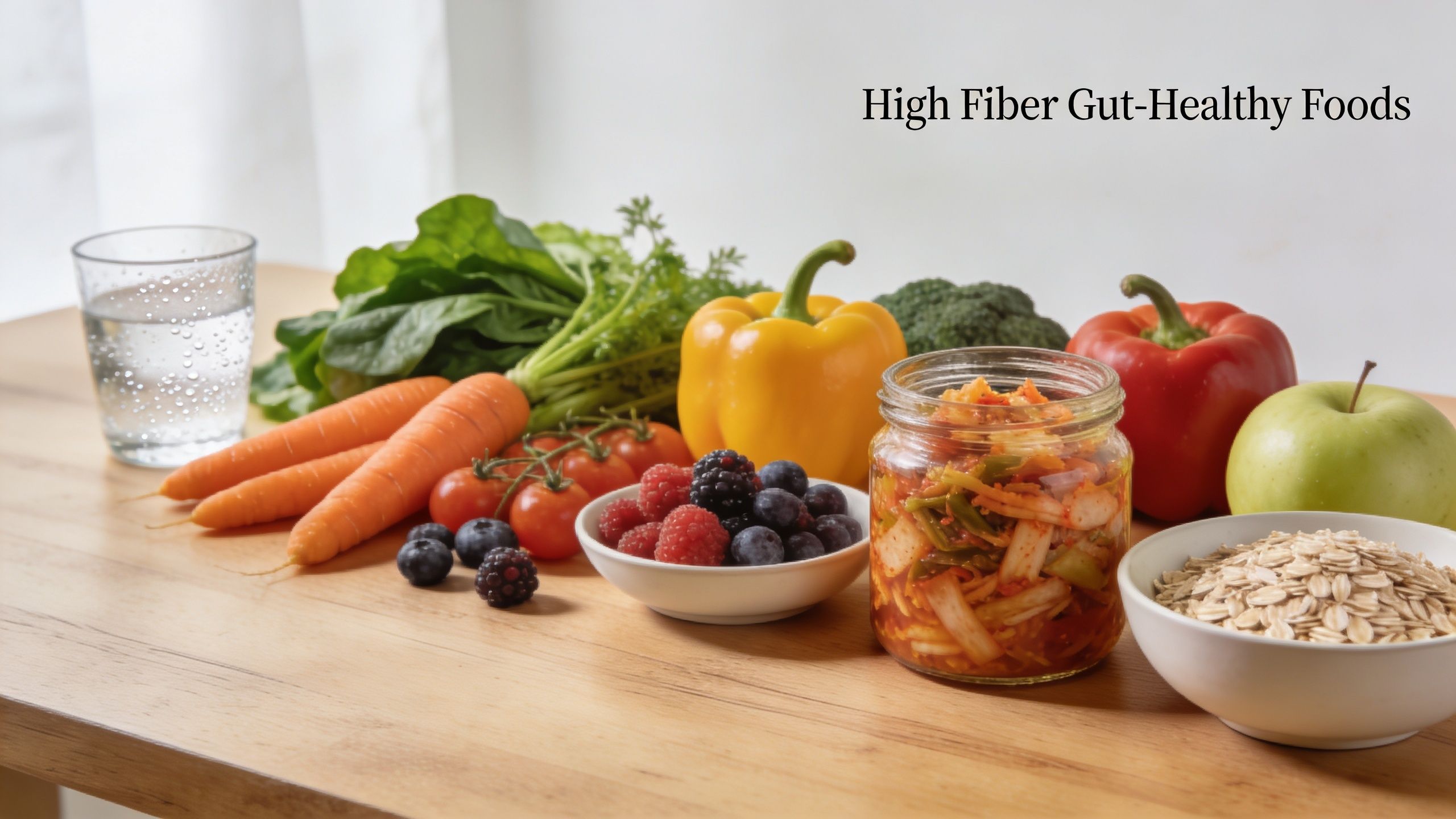 A table featuring various high fiber, gut-healthy foods including fresh vegetables, fruits, berries, and healthy grains.